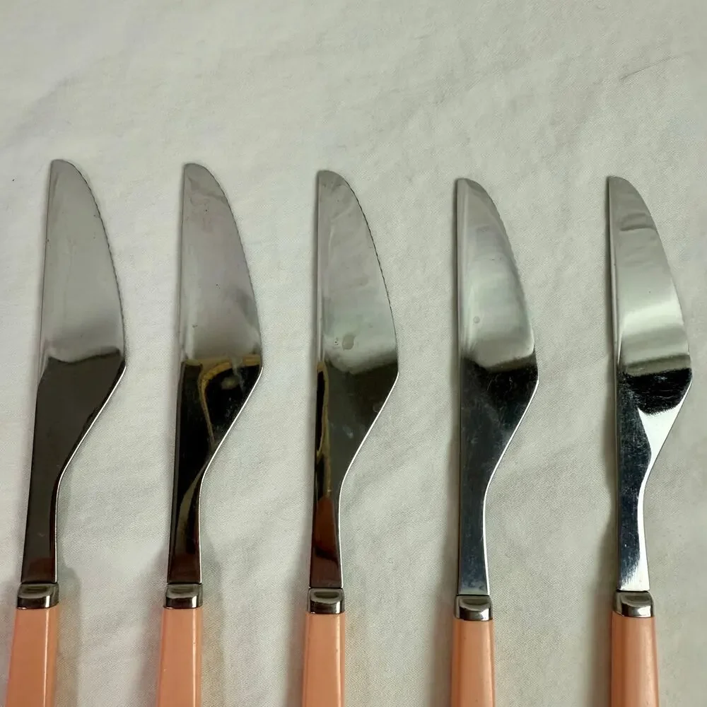 VTG Set of 8 Stainless Flatware Pink Plastic Handle Japan Knives Tea Spoon Forks